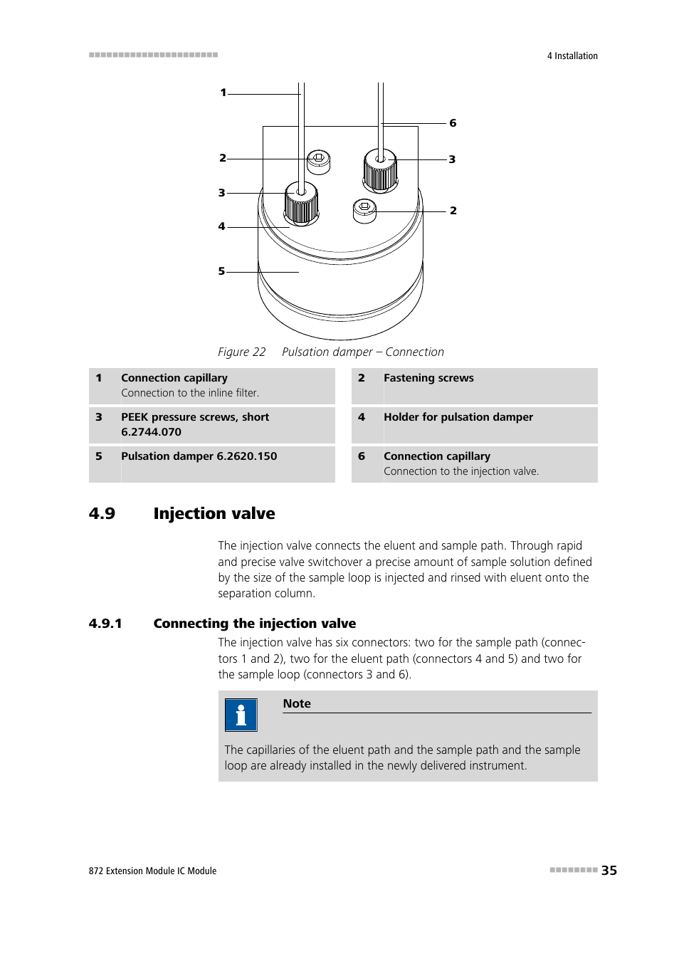 9 injection valve, 1 connecting the injection valve, Injection valve | Connecting the injection valve, Figure 22, Pulsation damper – connection, See chapter 4.9 | Metrohm 872 Extension Module User Manual | Page 43 / 84
