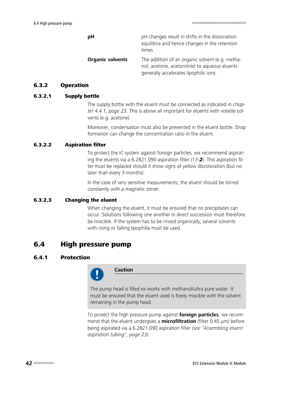 2 operation, 1 supply bottle, 2 aspiration filter | 3 changing the eluent, 4 high pressure pump, 1 protection, Operation, High pressure pump, Protection | Metrohm 872 Extension Module User Manual | Page 50 / 84