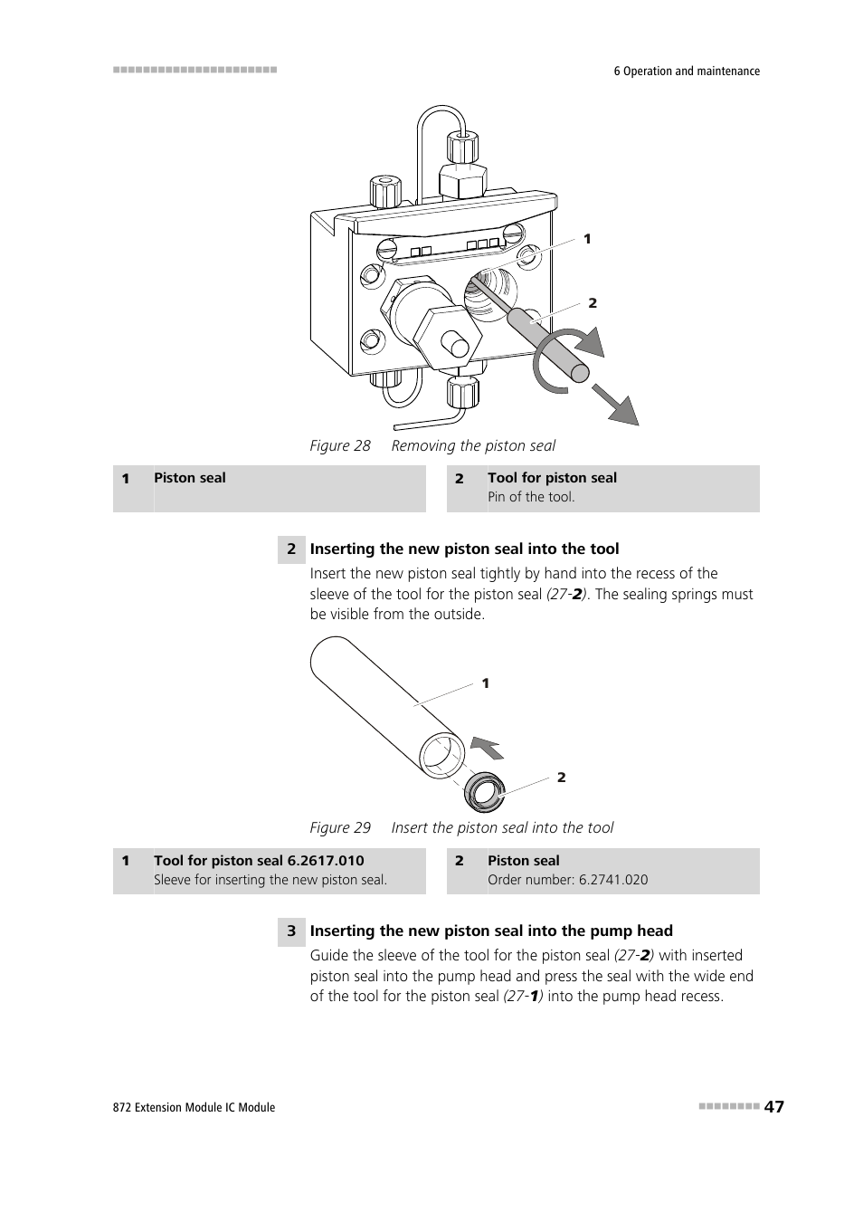 Figure 28, Removing the piston seal, Figure 29 | Insert the piston seal into the tool | Metrohm 872 Extension Module User Manual | Page 55 / 84