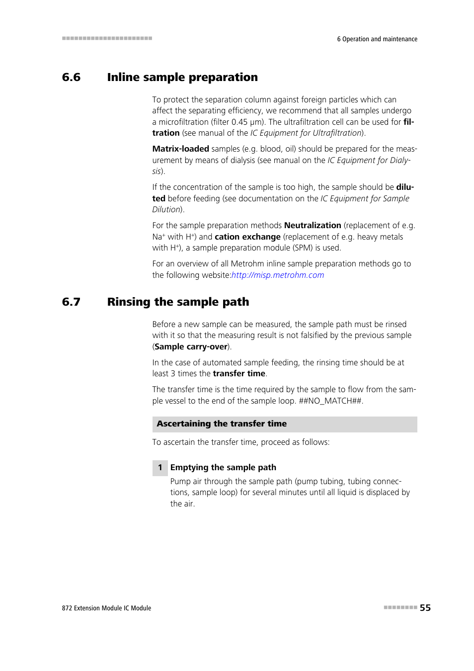 6 inline sample preparation, 7 rinsing the sample path, Inline sample preparation | Rinsing the sample path | Metrohm 872 Extension Module User Manual | Page 63 / 84
