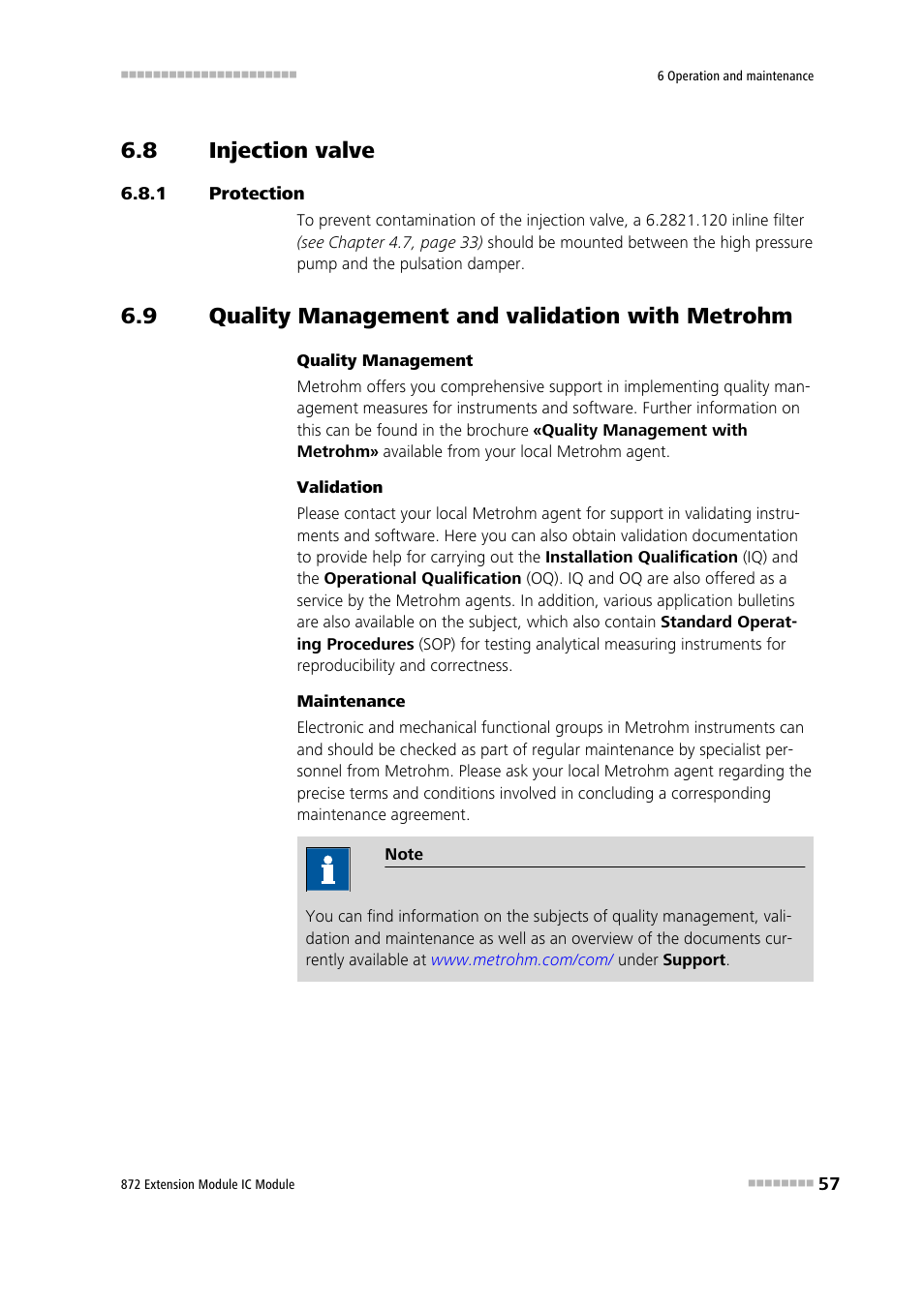 8 injection valve, 1 protection, 9 quality management and validation with metrohm | Injection valve, Protection, Quality management and validation with metrohm | Metrohm 872 Extension Module User Manual | Page 65 / 84