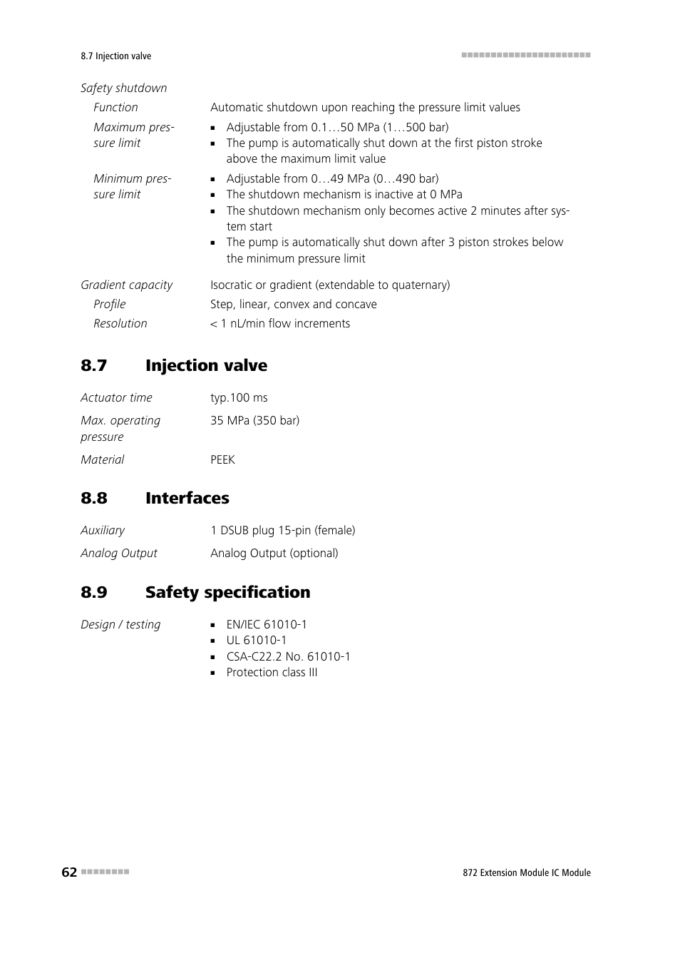 7 injection valve, 8 interfaces, 9 safety specification | Injection valve, Interfaces, Safety specification | Metrohm 872 Extension Module User Manual | Page 70 / 84