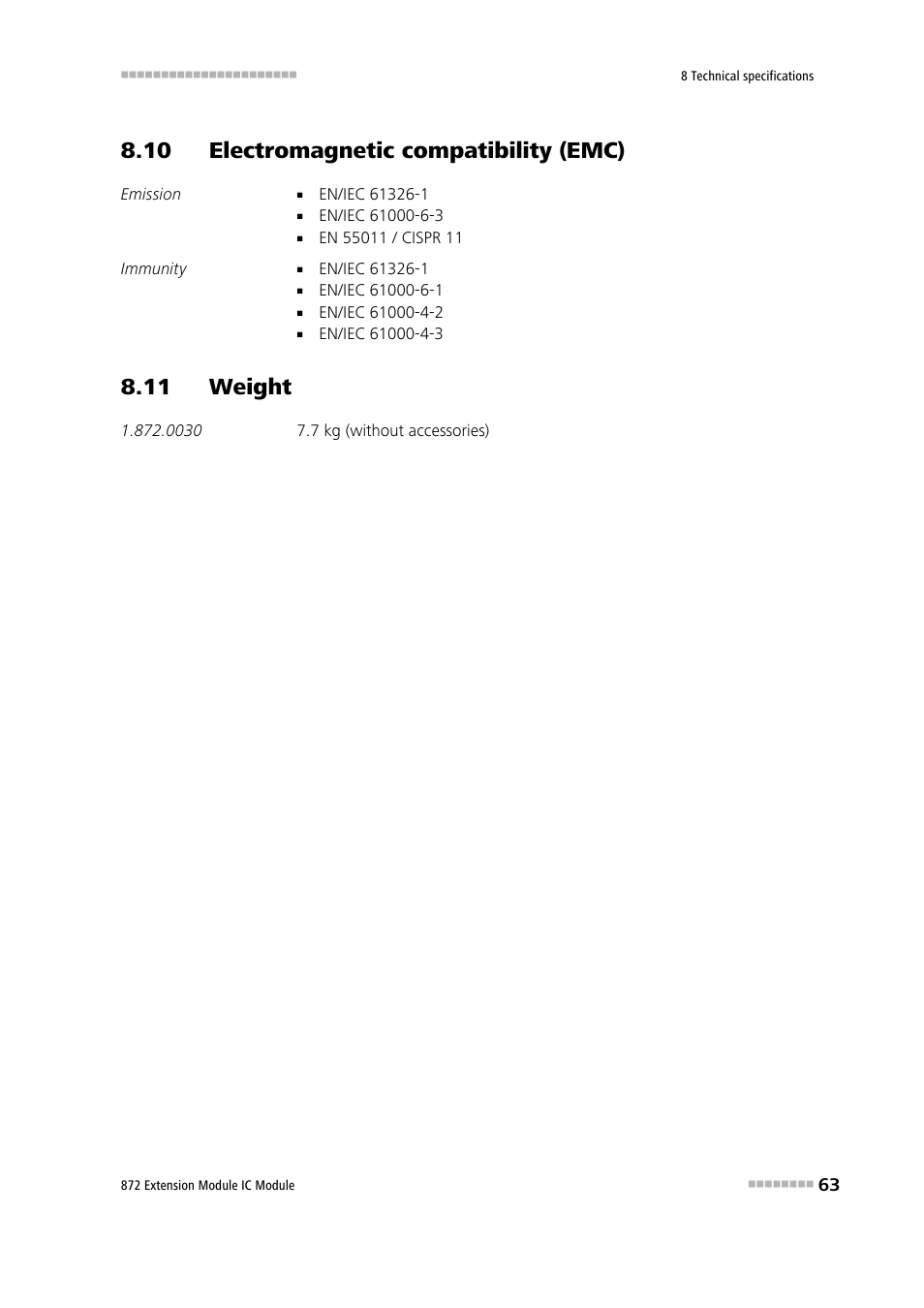10 electromagnetic compatibility (emc), 11 weight | Metrohm 872 Extension Module User Manual | Page 71 / 84