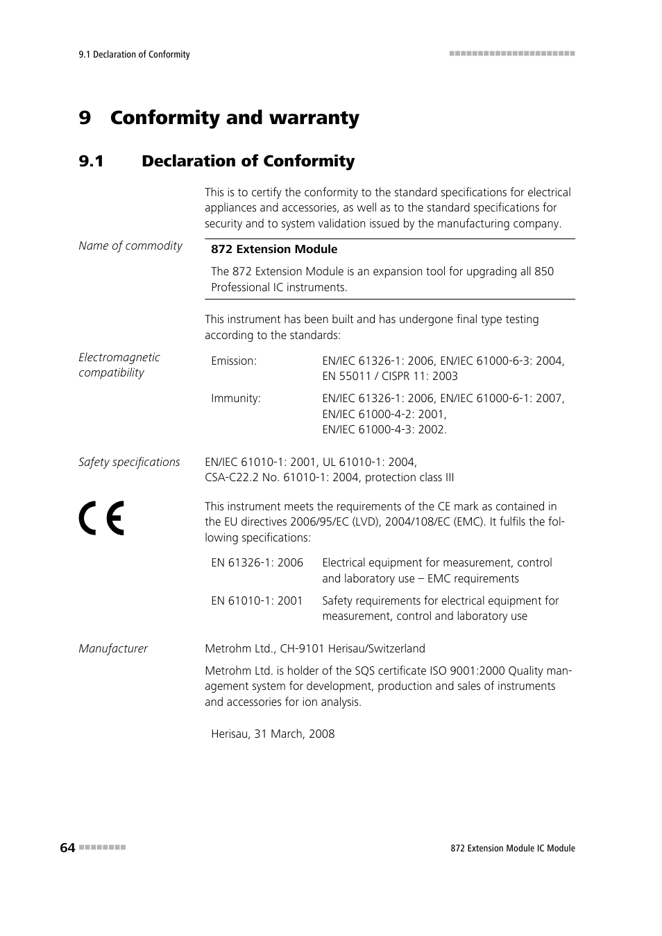 9 conformity and warranty, 1 declaration of conformity, Declaration of conformity | Metrohm 872 Extension Module User Manual | Page 72 / 84