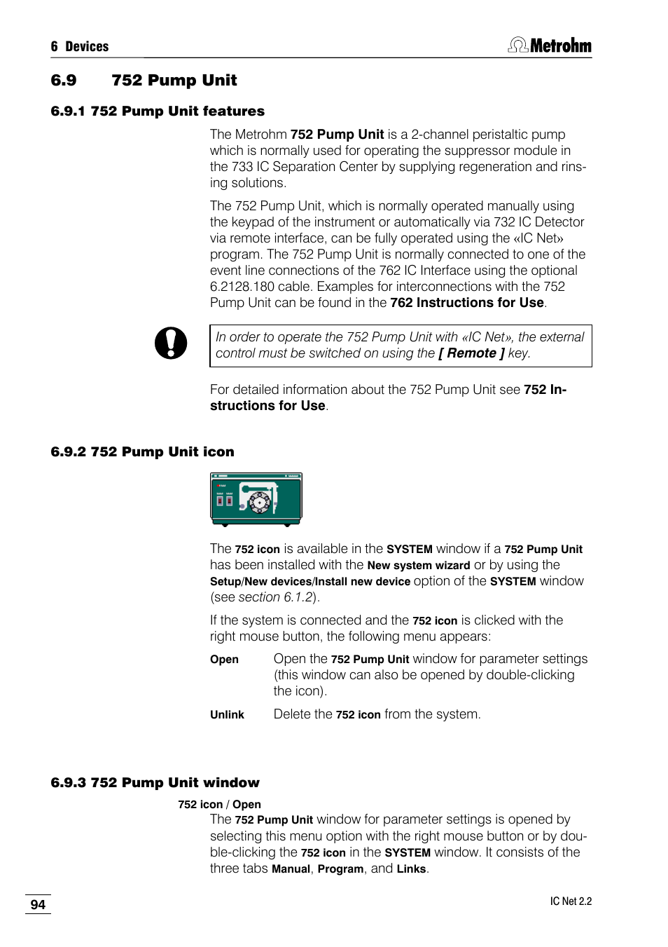 9 752 pump unit, 1 752 pump unit features, 2 752 pump unit icon | 3 752 pump unit window | Metrohm IC Net 2.2 User Manual | Page 102 / 249