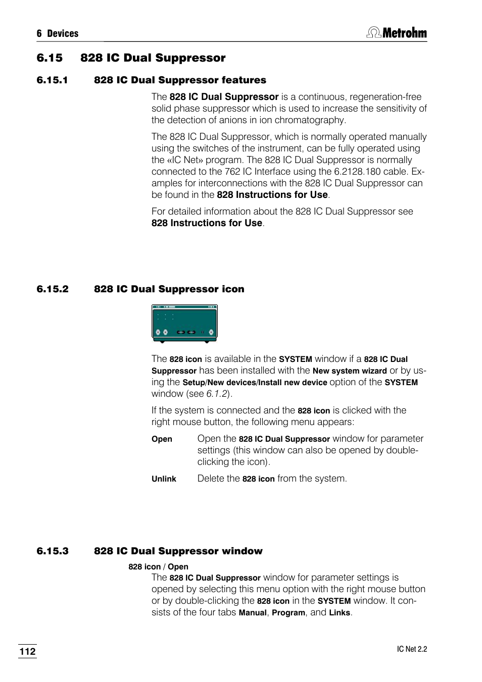 15 828 ic dual suppressor, 1 828 ic dual suppressor features, 2 828 ic dual suppressor icon | 3 828 ic dual suppressor window | Metrohm IC Net 2.2 User Manual | Page 120 / 249