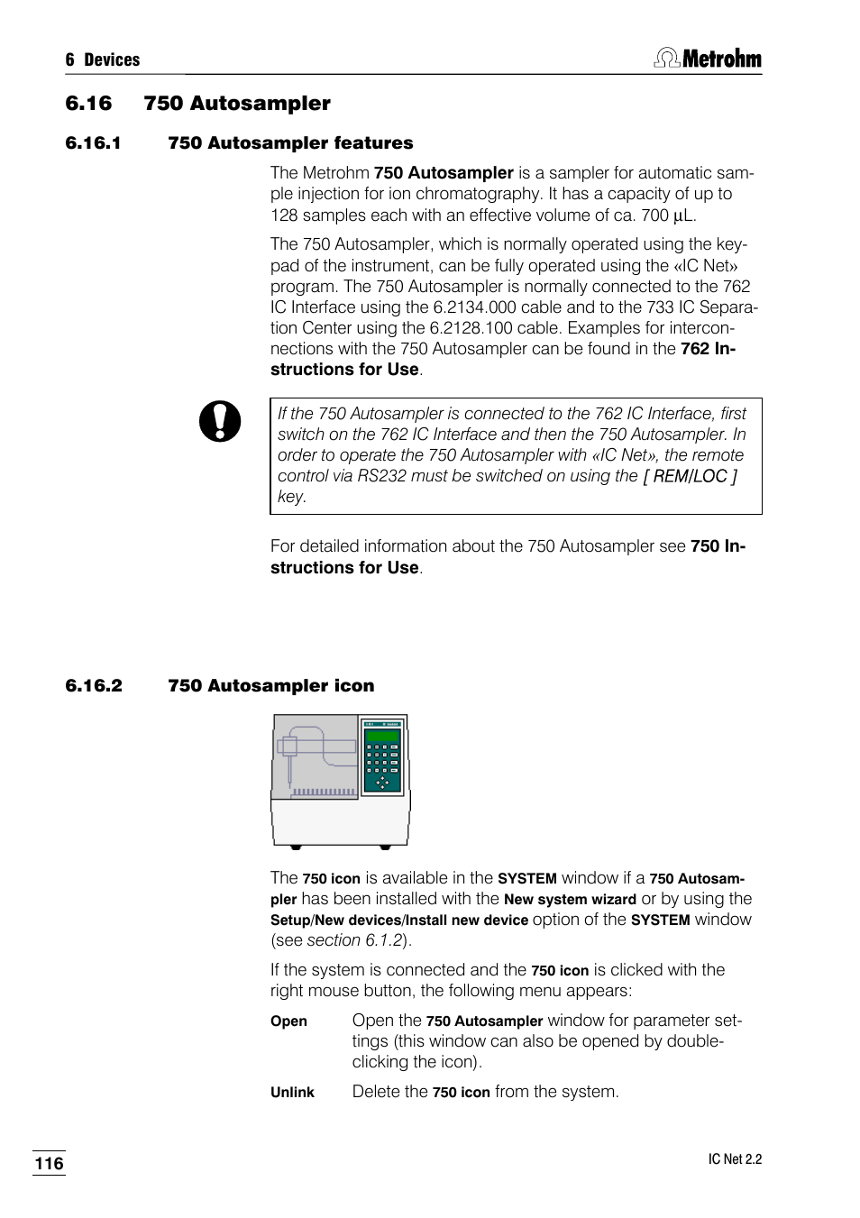 16 750 autosampler, 1 750 autosampler features, 2 750 autosampler icon | Metrohm IC Net 2.2 User Manual | Page 124 / 249