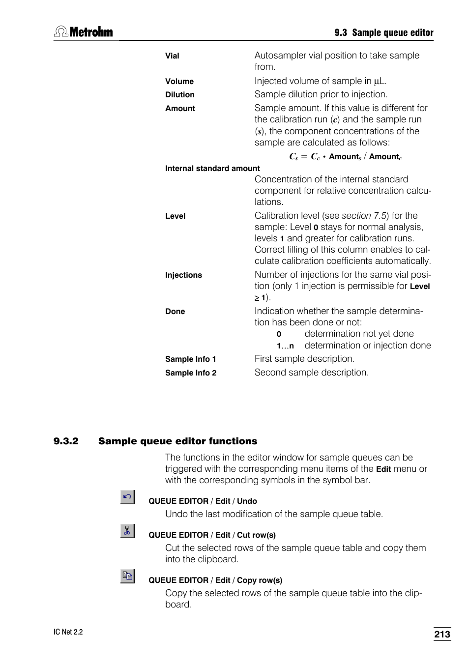 2 sample queue editor functions | Metrohm IC Net 2.2 User Manual | Page 221 / 249