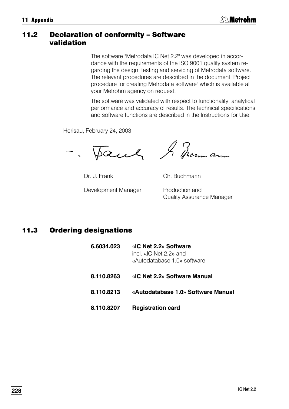 2 declaration of conformity – software validation, 3 ordering designations | Metrohm IC Net 2.2 User Manual | Page 236 / 249