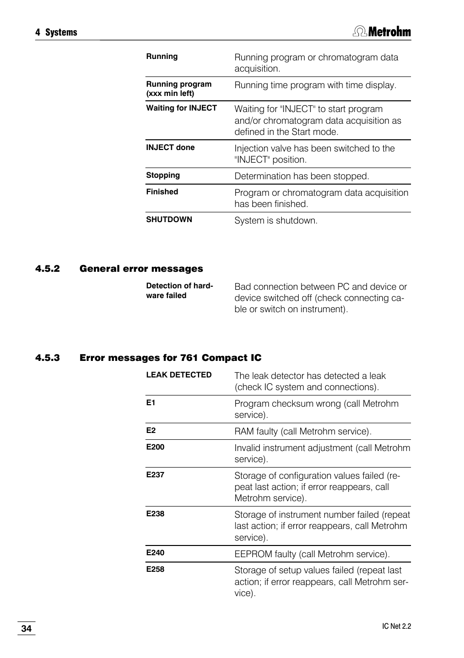 2 general error messages, 3 error messages for 761 compact ic | Metrohm IC Net 2.2 User Manual | Page 42 / 249