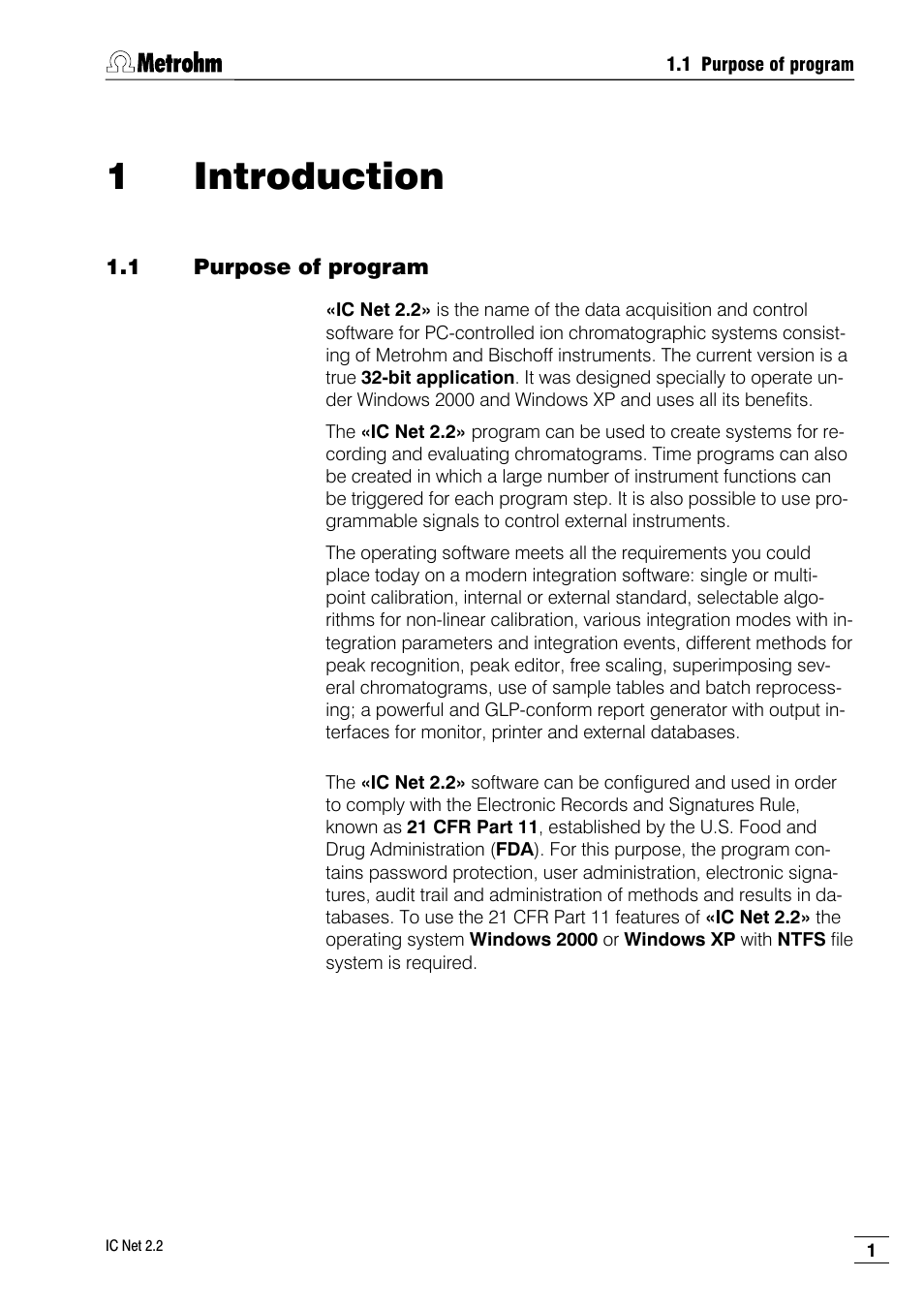 1 introduction, 1 purpose of program | Metrohm IC Net 2.2 User Manual | Page 9 / 249