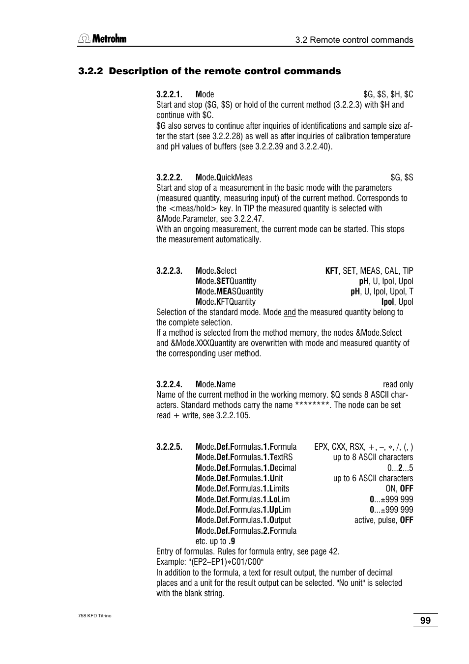 2 description of the remote control commands | Metrohm 758 KFD Titrino User Manual | Page 103 / 210