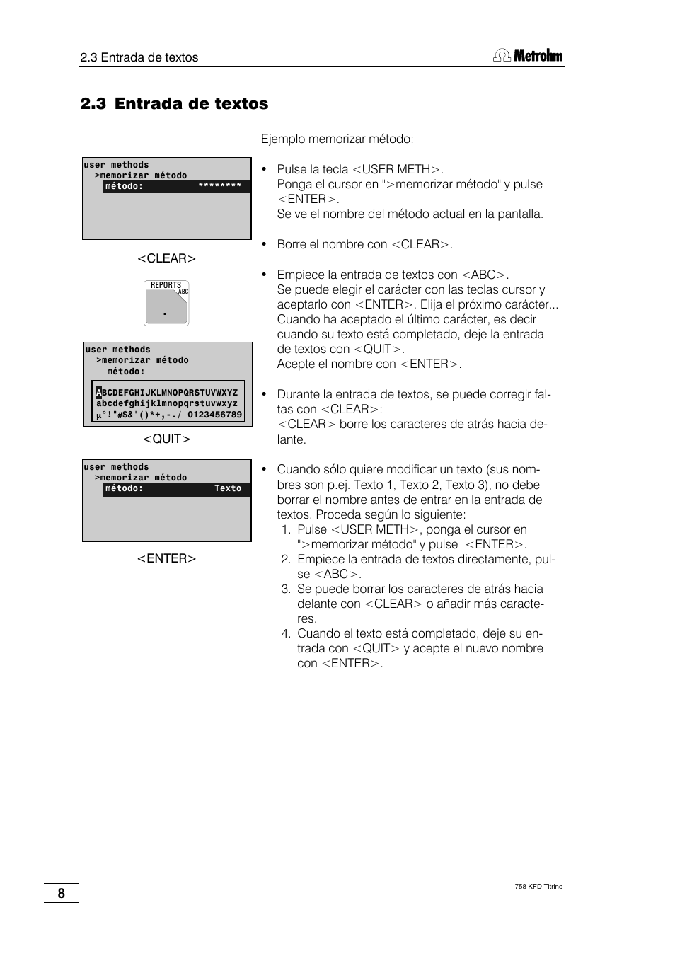 3 entrada de textos | Metrohm 758 KFD Titrino User Manual | Page 12 / 210