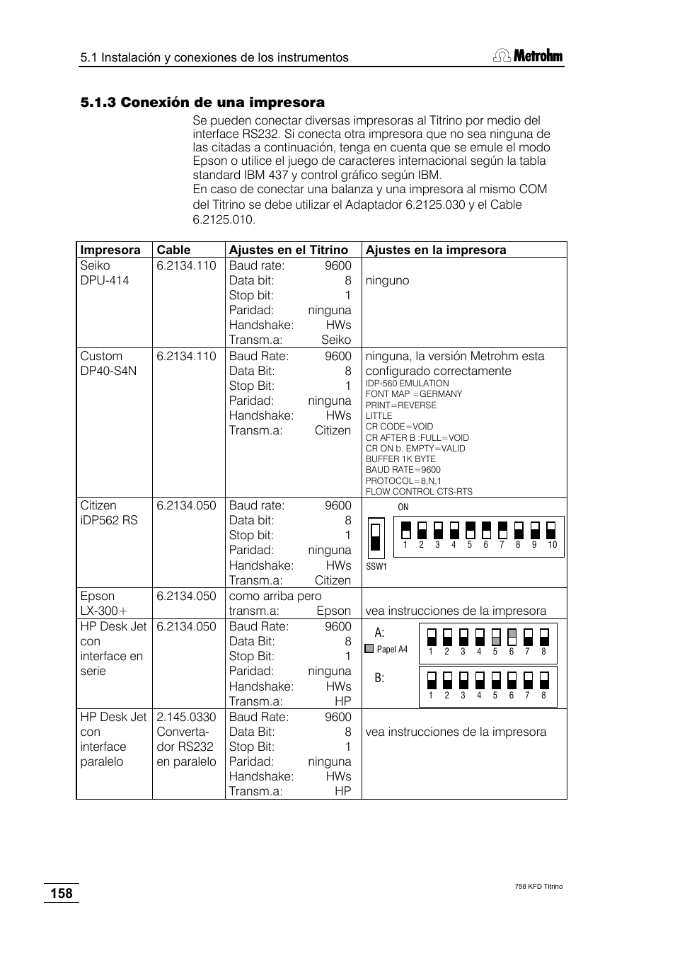 3 conexión de una impresora | Metrohm 758 KFD Titrino User Manual | Page 162 / 210