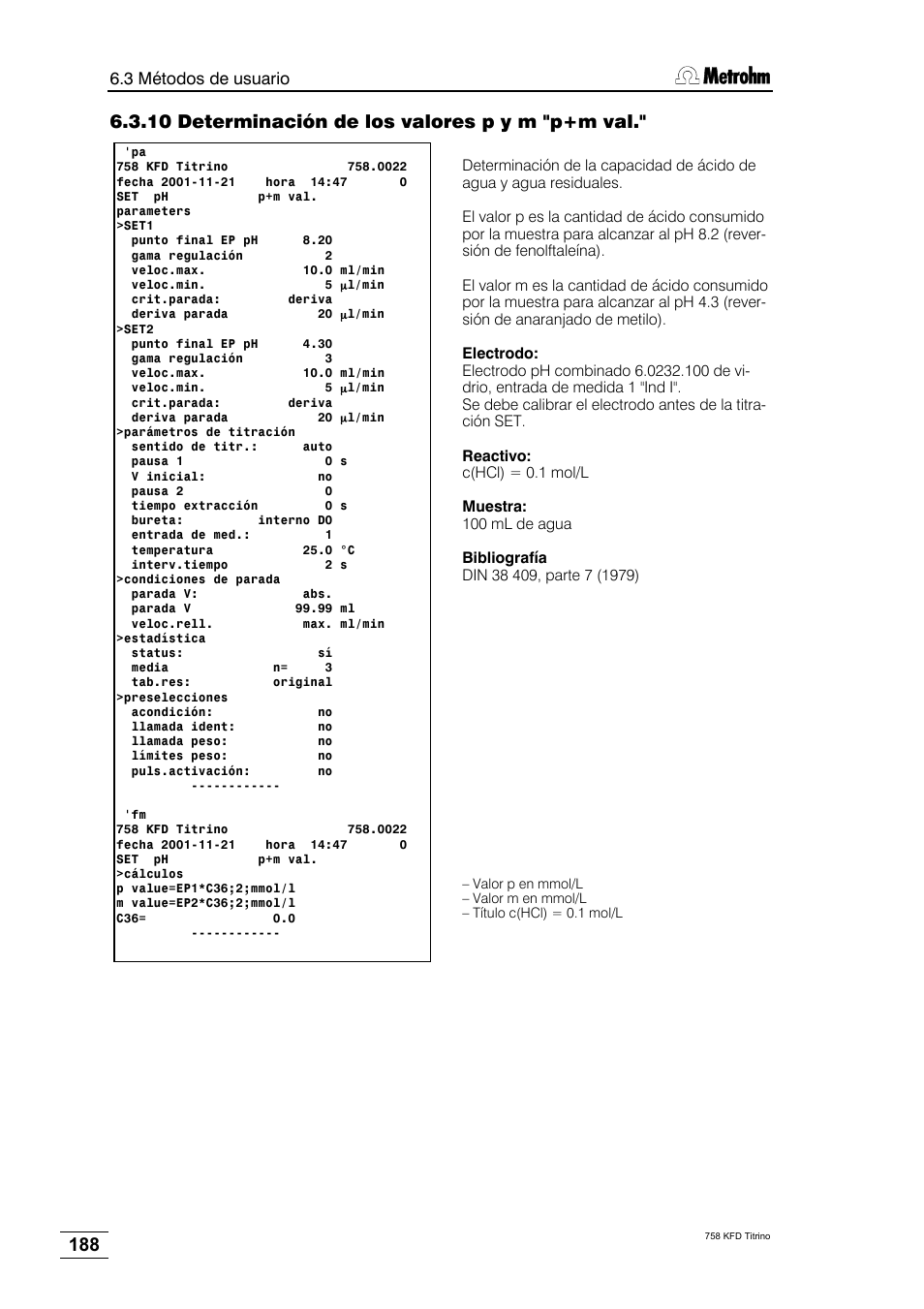 10 determinación de los valores p y m "p+m val | Metrohm 758 KFD Titrino User Manual | Page 192 / 210