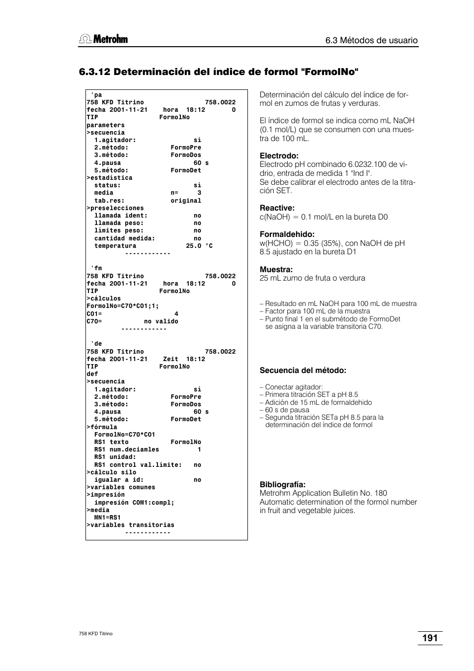 12 determinación del índice de formol "formolno | Metrohm 758 KFD Titrino User Manual | Page 195 / 210