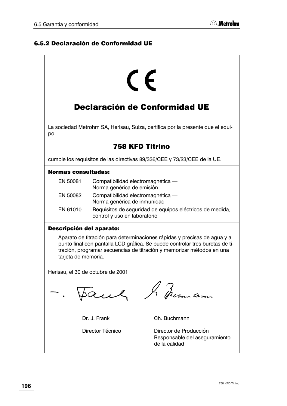 2 declaración de conformidad ue, Declaración de conformidad ue, 758 kfd titrino | Metrohm 758 KFD Titrino User Manual | Page 200 / 210