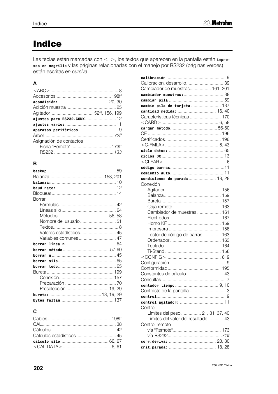 Indice | Metrohm 758 KFD Titrino User Manual | Page 206 / 210