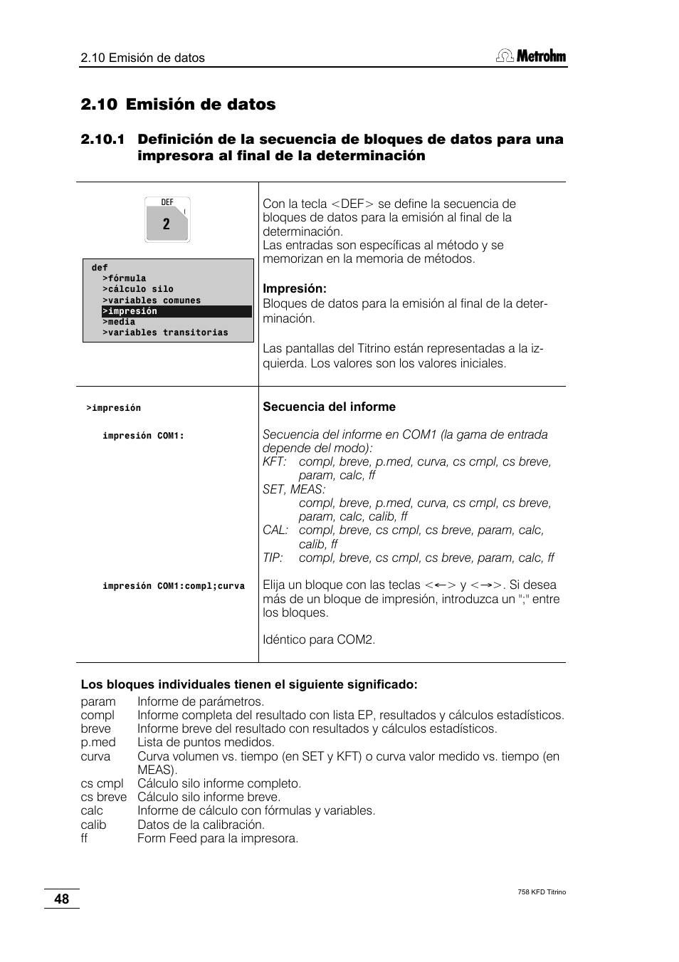 10 emisión de datos | Metrohm 758 KFD Titrino User Manual | Page 52 / 210