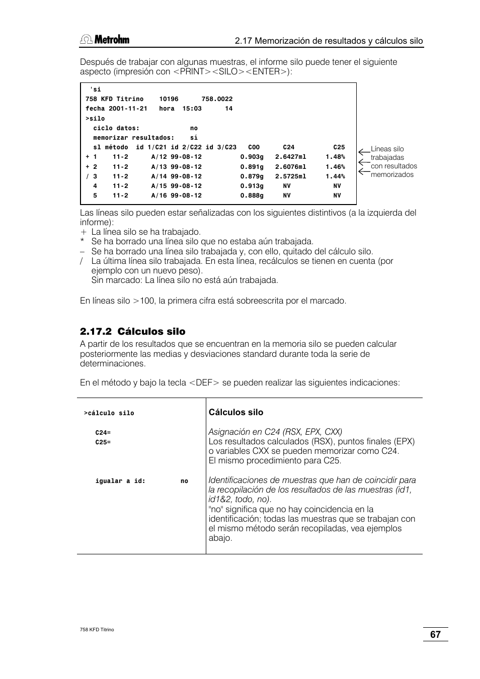 2 cálculos silo | Metrohm 758 KFD Titrino User Manual | Page 71 / 210