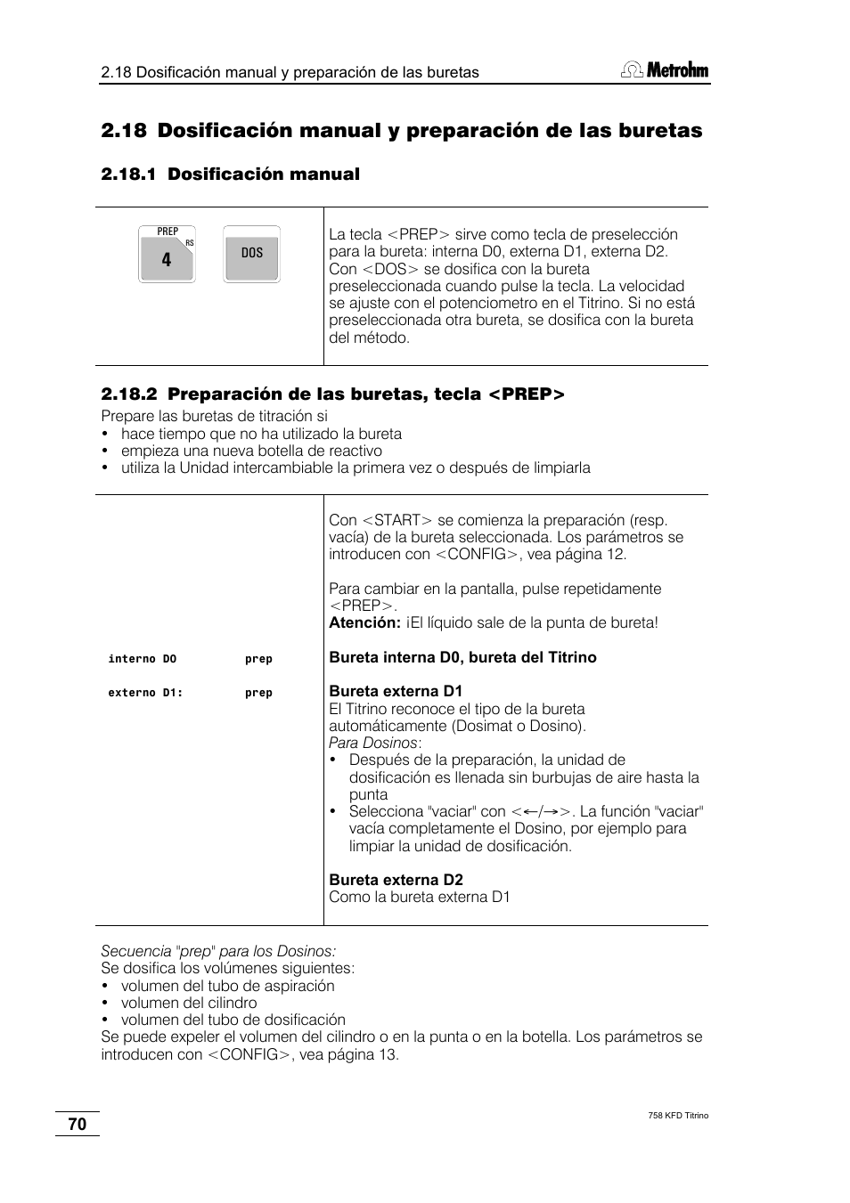 1 dosificación manual, 2 preparación de las buretas, tecla <prep | Metrohm 758 KFD Titrino User Manual | Page 74 / 210