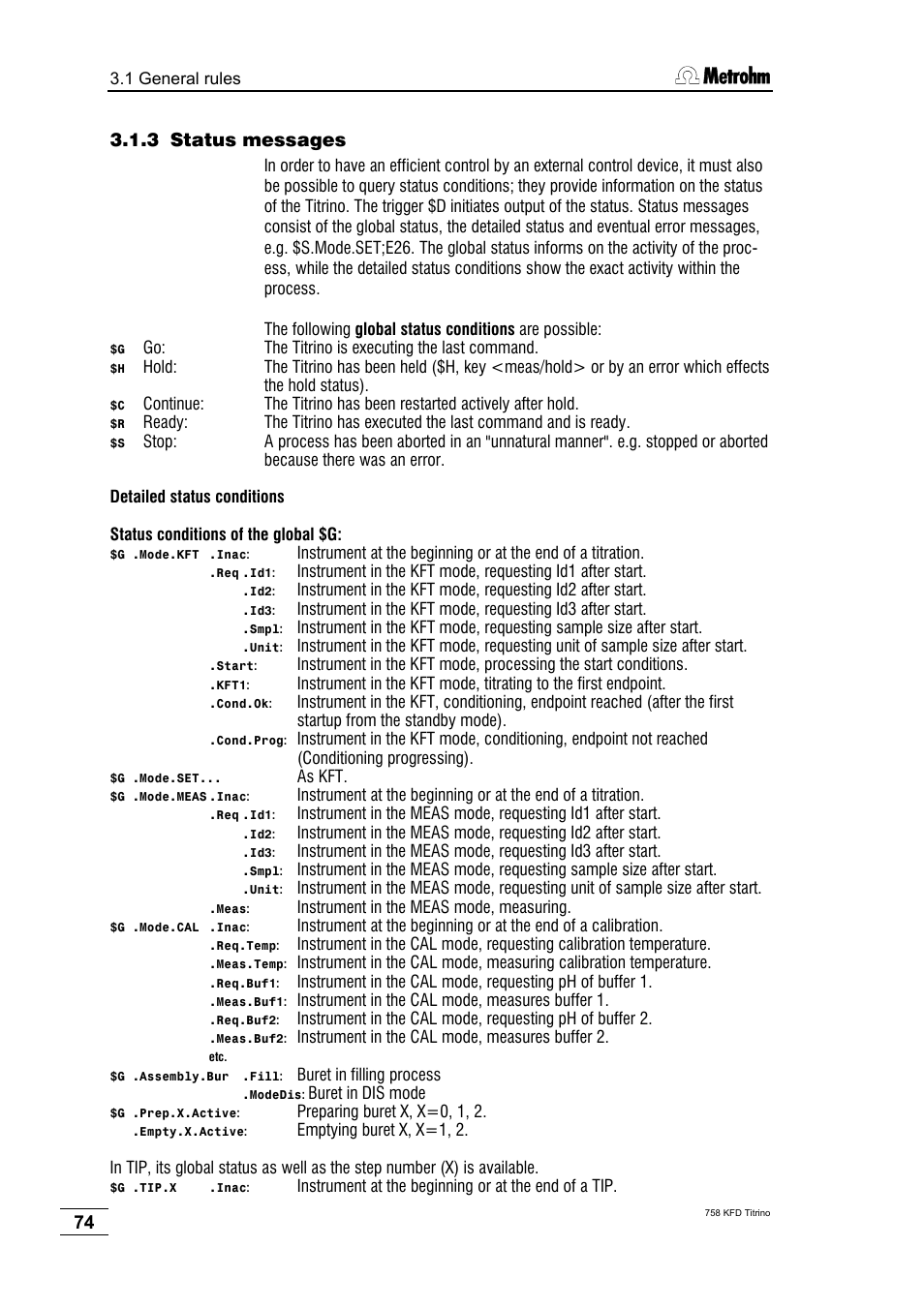 3 status messages | Metrohm 758 KFD Titrino User Manual | Page 78 / 210