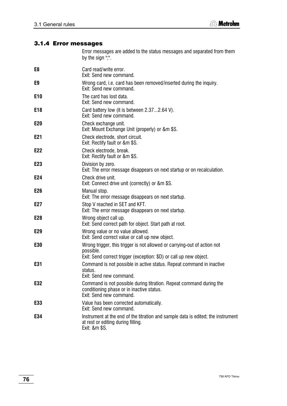 4 error messages | Metrohm 758 KFD Titrino User Manual | Page 80 / 210