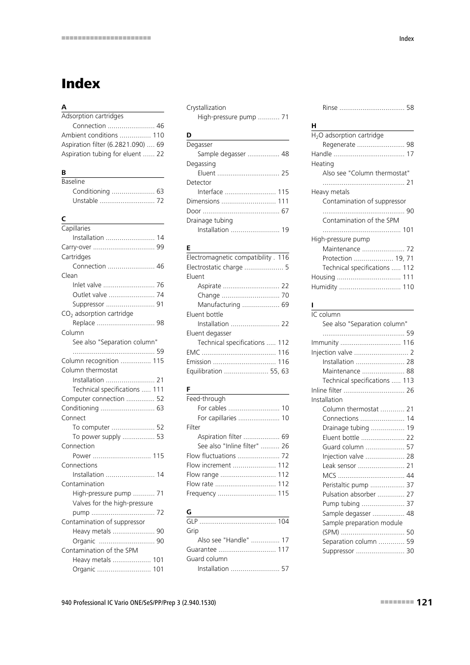 Index | Metrohm 940 Professional IC Vario ONE/SeS/PP/Prep 3 User Manual | Page 131 / 133