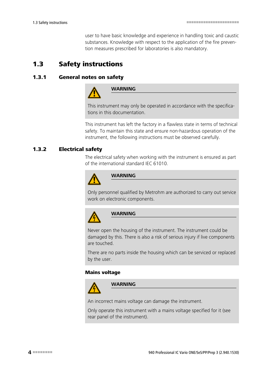 3 safety instructions, 1 general notes on safety, 2 electrical safety | Safety instructions, General notes on safety, Electrical safety | Metrohm 940 Professional IC Vario ONE/SeS/PP/Prep 3 User Manual | Page 14 / 133