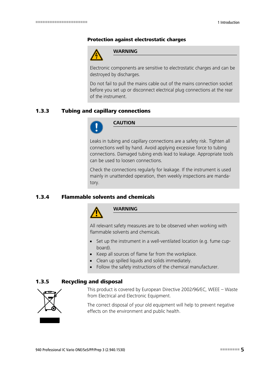 3 tubing and capillary connections, 4 flammable solvents and chemicals, 5 recycling and disposal | Tubing and capillary connections, Flammable solvents and chemicals, Recycling and disposal | Metrohm 940 Professional IC Vario ONE/SeS/PP/Prep 3 User Manual | Page 15 / 133