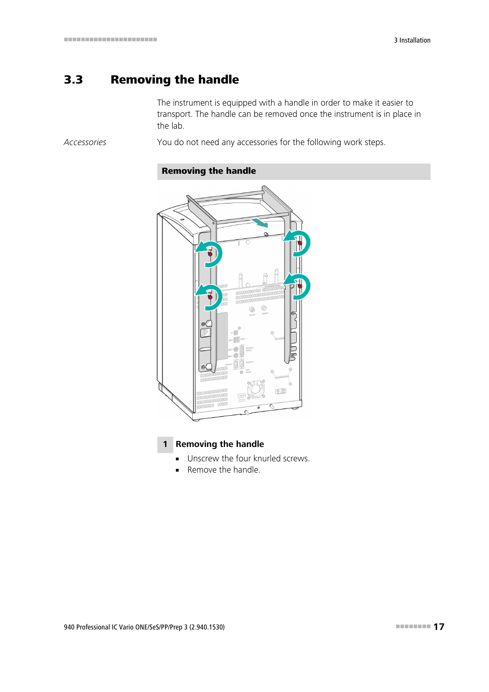 3 removing the handle, Removing the handle | Metrohm 940 Professional IC Vario ONE/SeS/PP/Prep 3 User Manual | Page 27 / 133