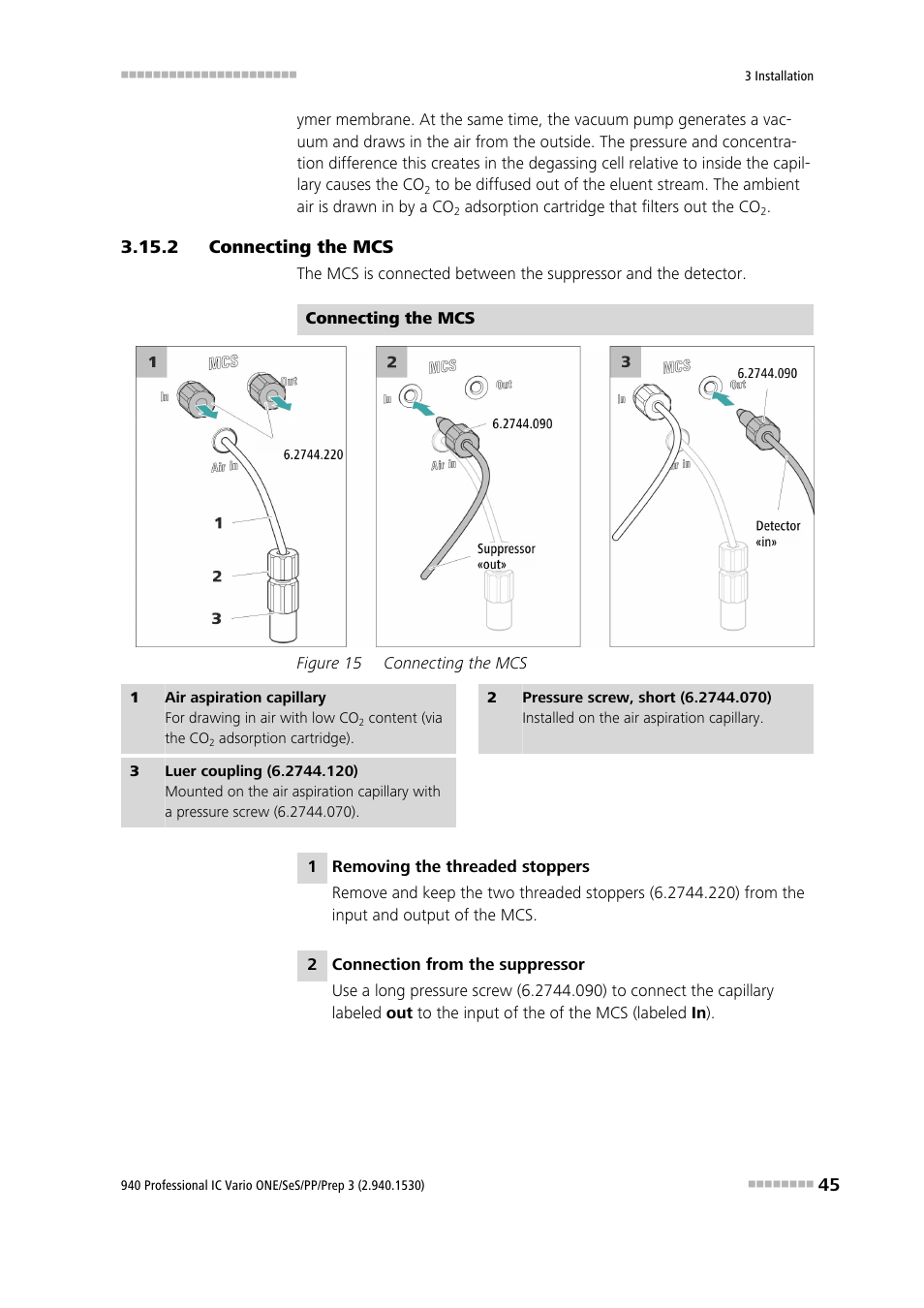 2 connecting the mcs, Connecting the mcs, Figure 15 | Metrohm 940 Professional IC Vario ONE/SeS/PP/Prep 3 User Manual | Page 55 / 133