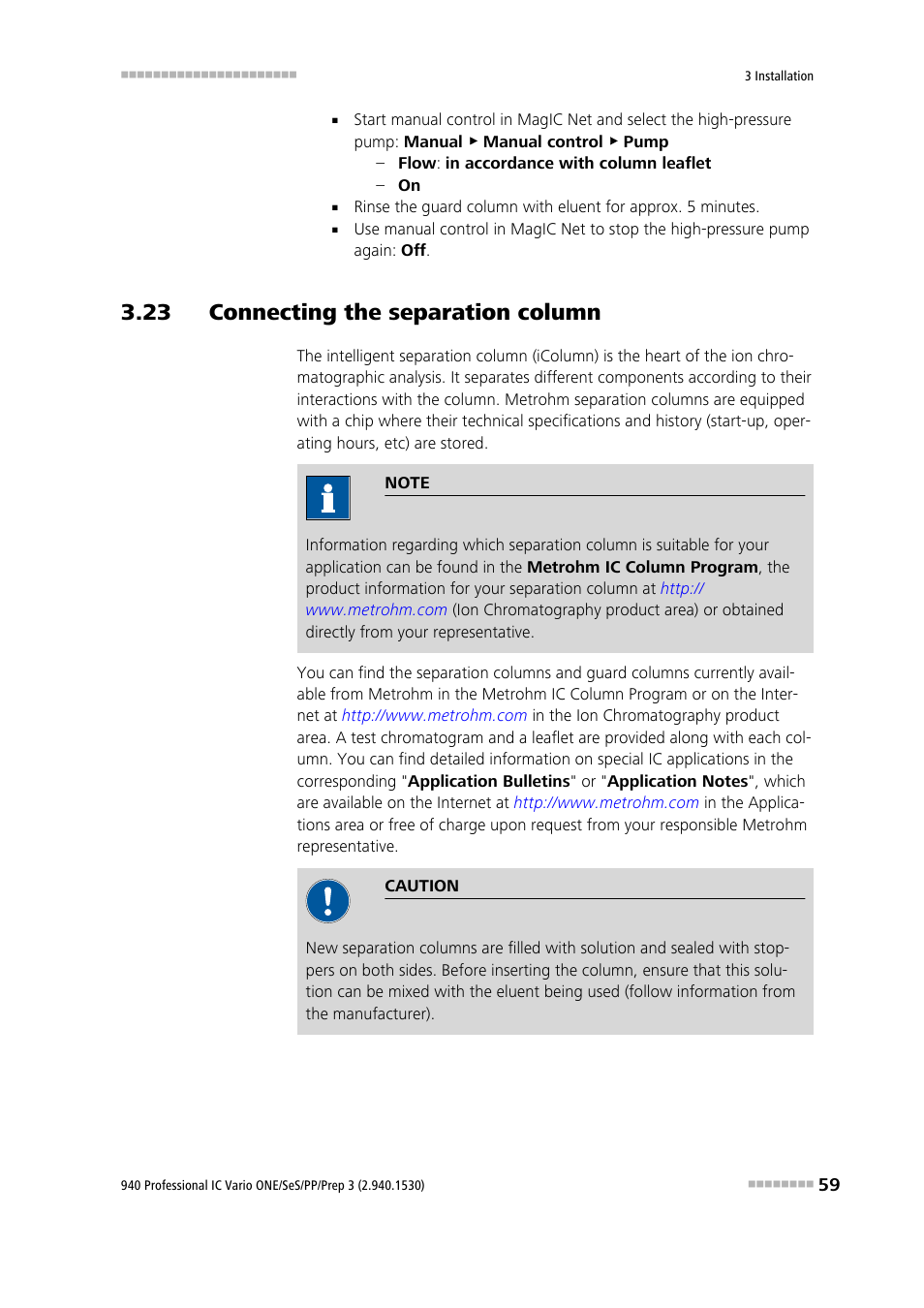 23 connecting the separation column | Metrohm 940 Professional IC Vario ONE/SeS/PP/Prep 3 User Manual | Page 69 / 133