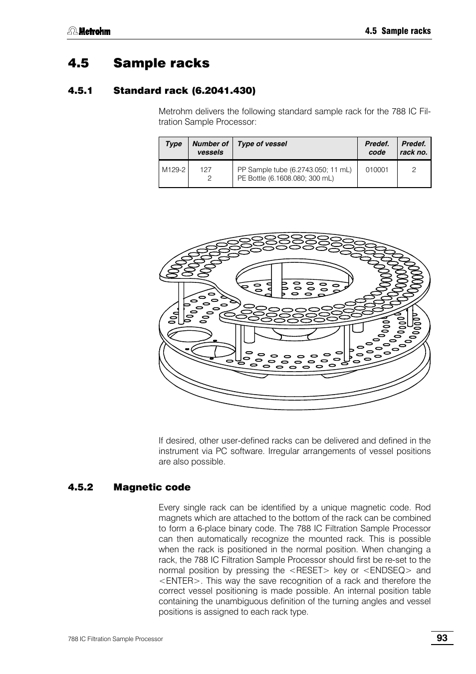 5 sample racks, 1 standard rack (6.2041.430), 2 magnetic code | Metrohm 788 IC Filtration Sample Processor User Manual | Page 101 / 173