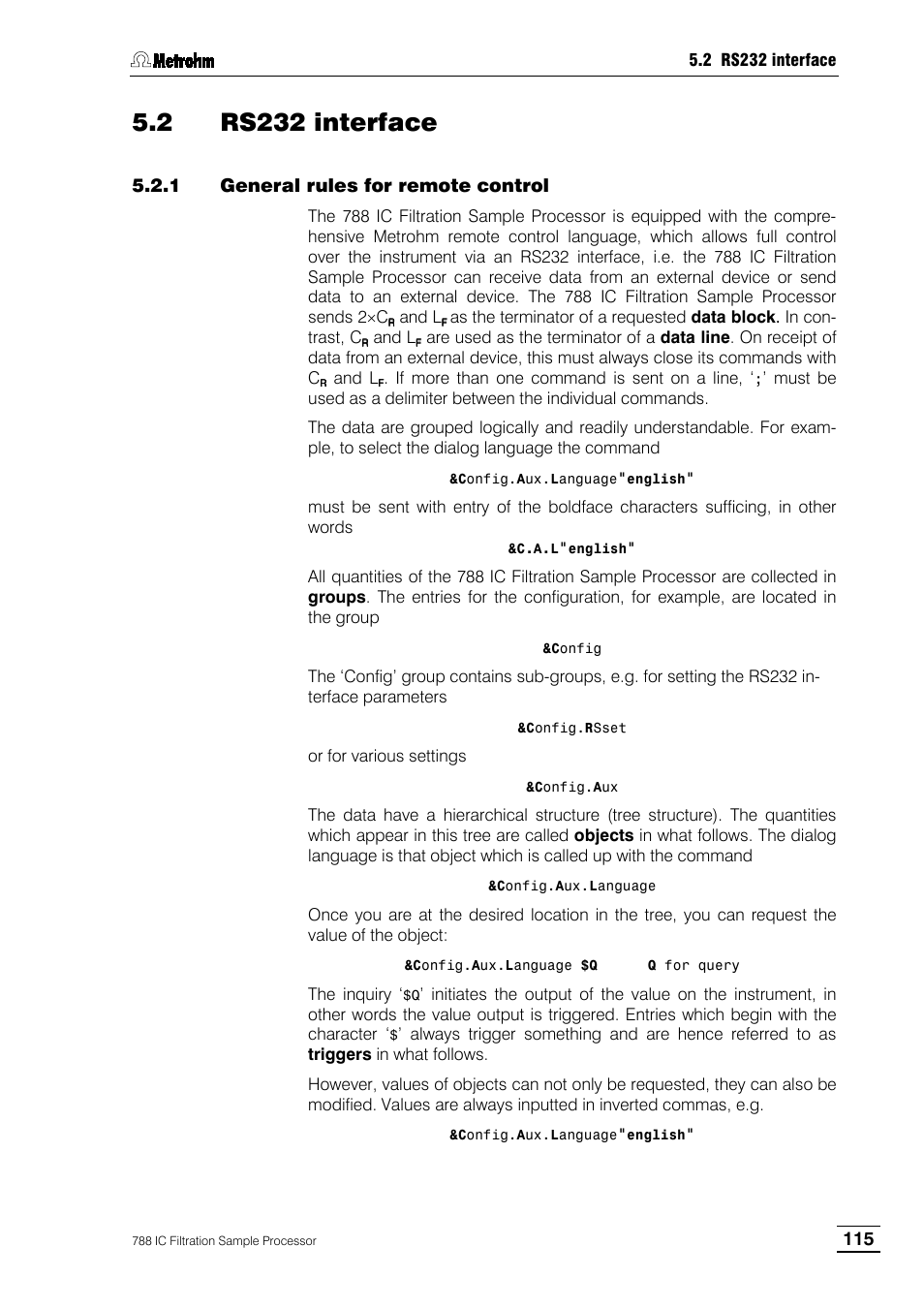 2 rs232 interface, 1 general rules for remote control | Metrohm 788 IC Filtration Sample Processor User Manual | Page 123 / 173