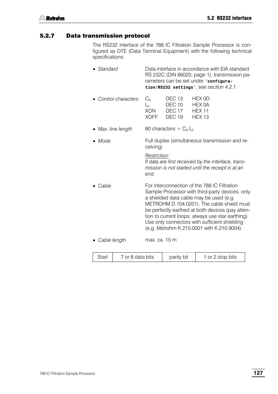 7 data transmission protocol | Metrohm 788 IC Filtration Sample Processor User Manual | Page 135 / 173