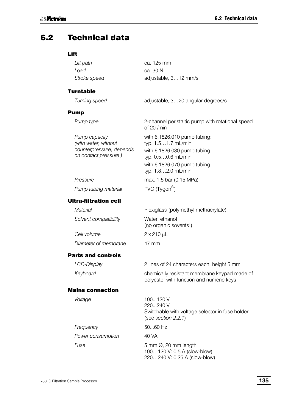 2 technical data | Metrohm 788 IC Filtration Sample Processor User Manual | Page 143 / 173