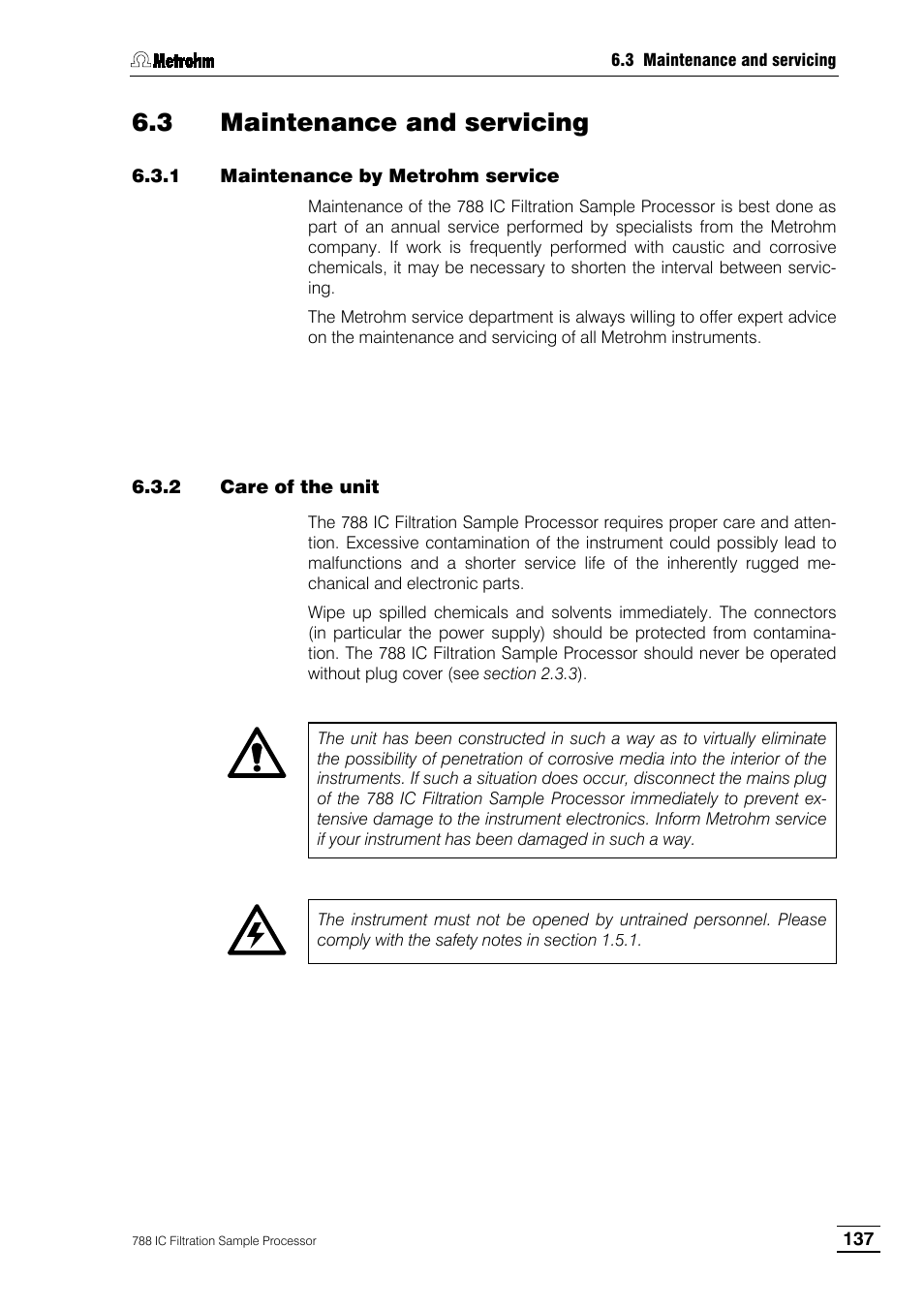 3 maintenance and servicing, 1 maintenance by metrohm service, 2 care of the unit | Metrohm 788 IC Filtration Sample Processor User Manual | Page 145 / 173