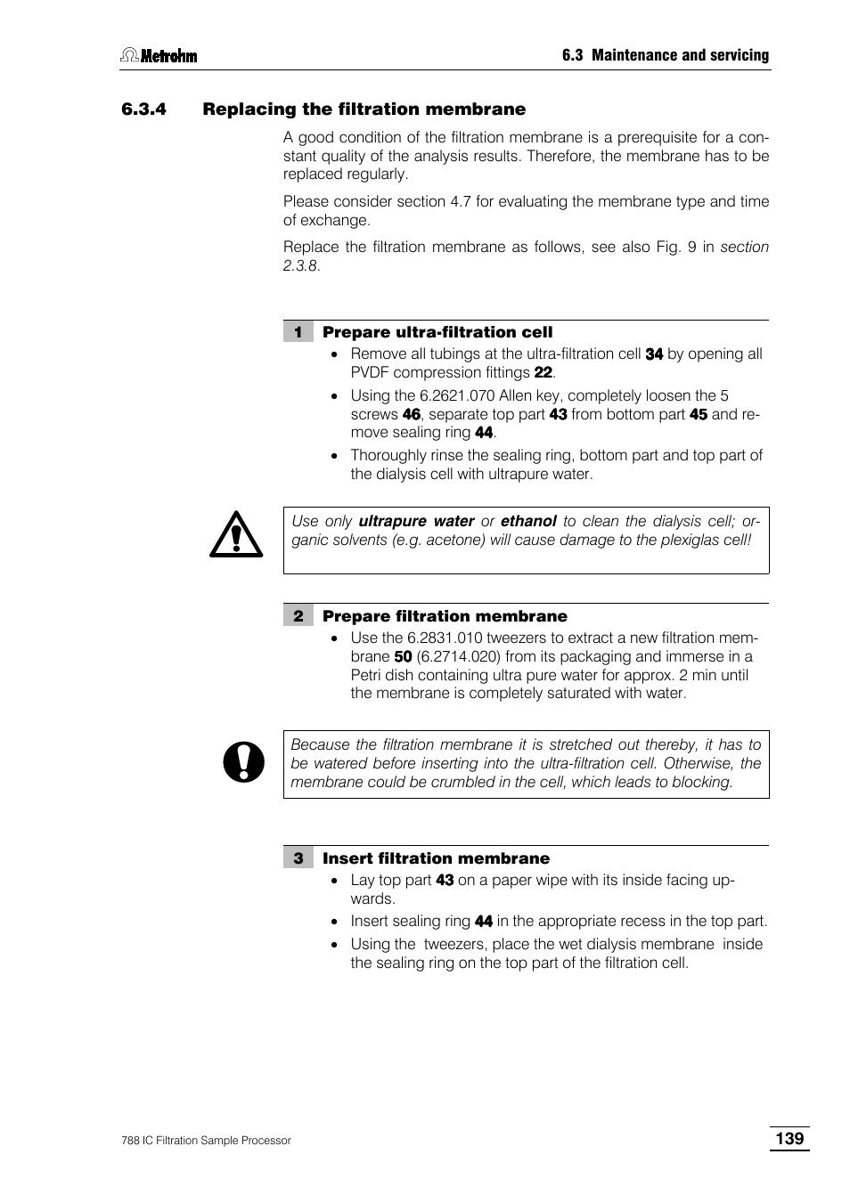 4 replacing the filtration membrane | Metrohm 788 IC Filtration Sample Processor User Manual | Page 147 / 173