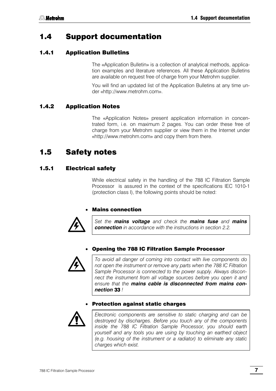 4 support documentation, 1 application bulletins, 2 application notes | 5 safety notes, 1 electrical safety | Metrohm 788 IC Filtration Sample Processor User Manual | Page 15 / 173