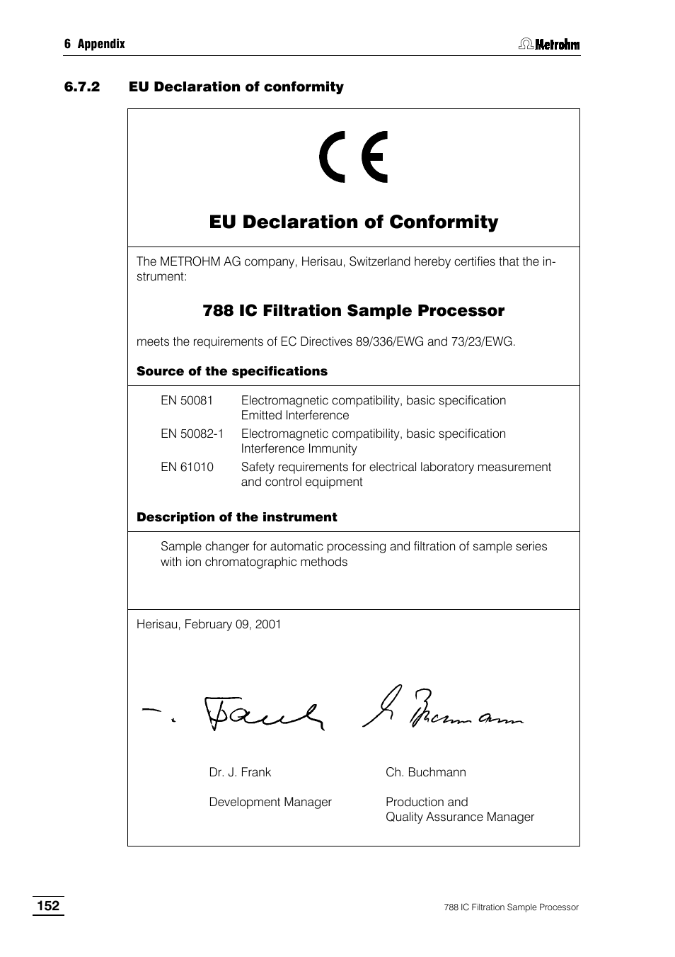 2 eu declaration of conformity, Eu declaration of conformity, 788 ic filtration sample processor | Metrohm 788 IC Filtration Sample Processor User Manual | Page 160 / 173