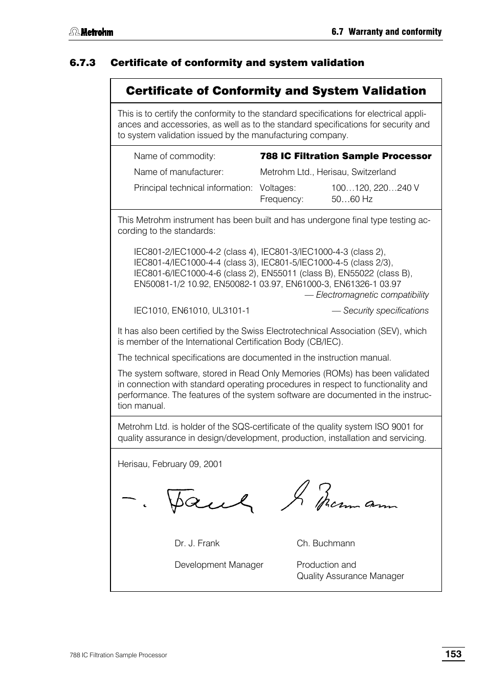 3 certificate of conformity and system validation, Certificate of conformity and system validation | Metrohm 788 IC Filtration Sample Processor User Manual | Page 161 / 173