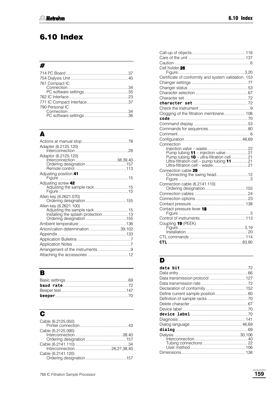 10 index | Metrohm 788 IC Filtration Sample Processor User Manual | Page 167 / 173
