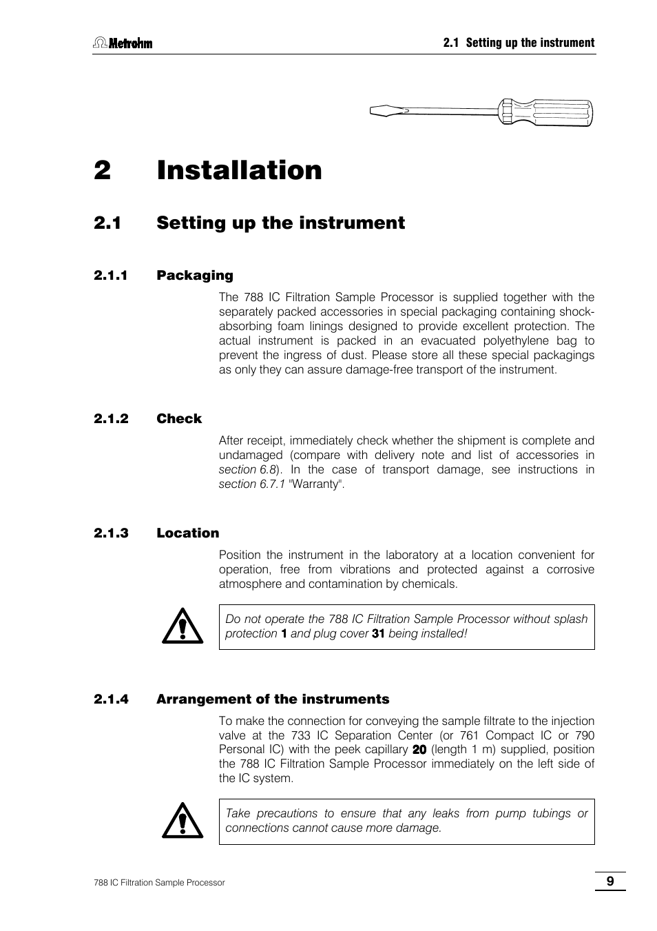2 installation, 1 setting up the instrument, 1 packaging | 2 check, 3 location, 4 arrangement of the instruments | Metrohm 788 IC Filtration Sample Processor User Manual | Page 17 / 173