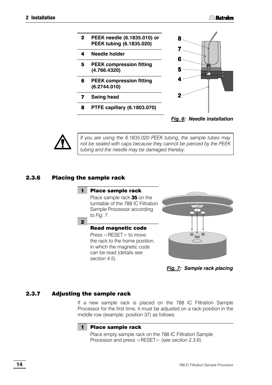 6 placing the sample rack, 7 adjusting the sample rack | Metrohm 788 IC Filtration Sample Processor User Manual | Page 22 / 173