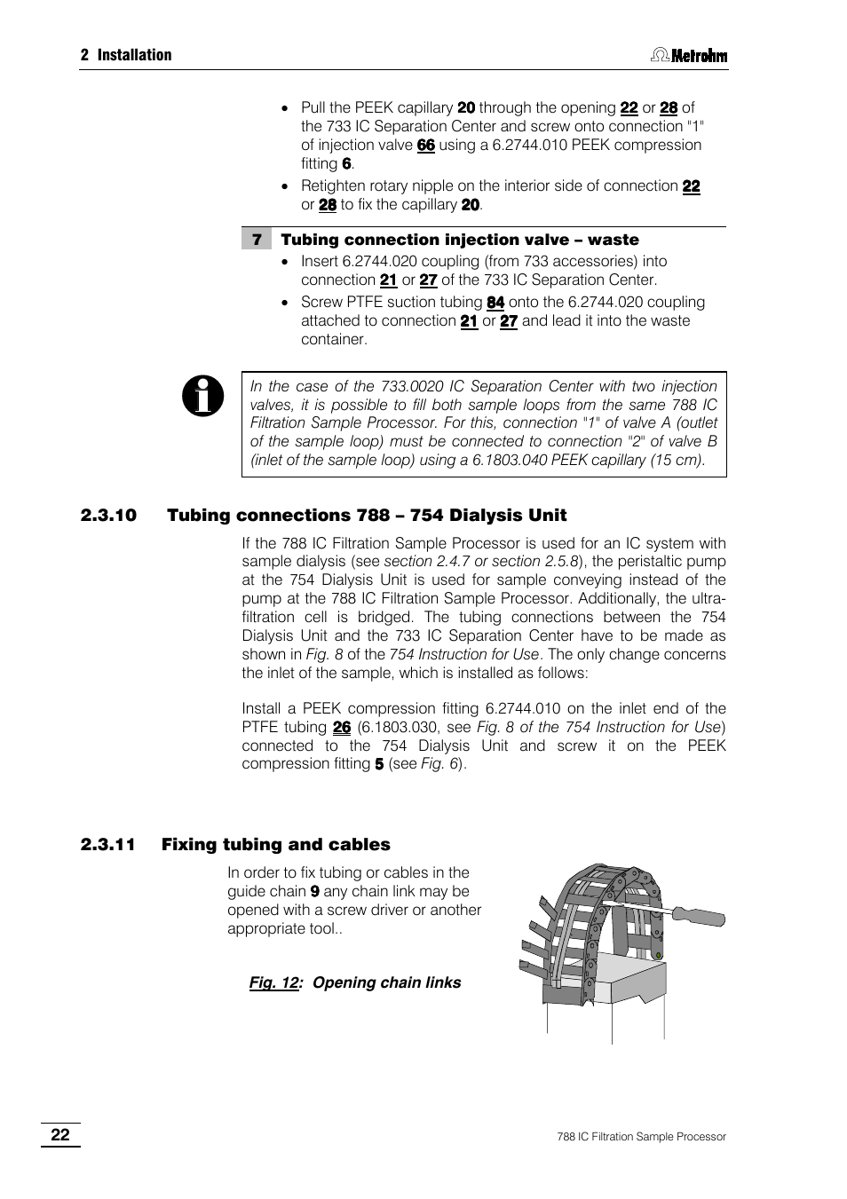 10 tubing connections 788 – 754 dialysis unit, 11 fixing tubing and cables | Metrohm 788 IC Filtration Sample Processor User Manual | Page 30 / 173