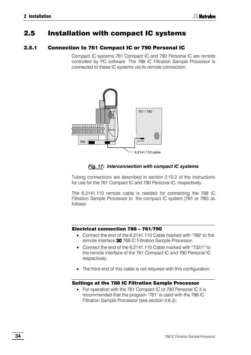 5 installation with compact ic systems, 1 connection to 761 compact ic or 790 personal ic | Metrohm 788 IC Filtration Sample Processor User Manual | Page 42 / 173
