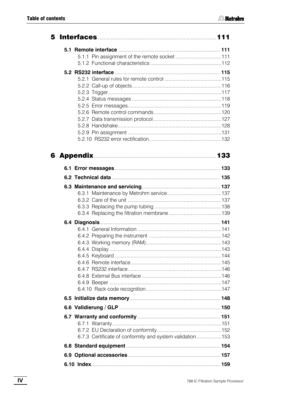 5 interfaces, 6 appendix | Metrohm 788 IC Filtration Sample Processor User Manual | Page 6 / 173
