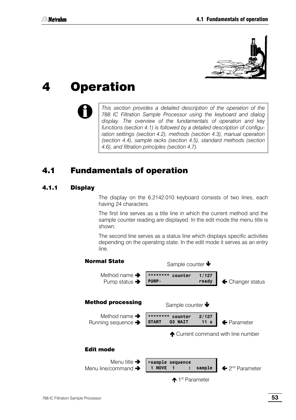 4 operation, 1 fundamentals of operation, 1 display | Metrohm 788 IC Filtration Sample Processor User Manual | Page 61 / 173