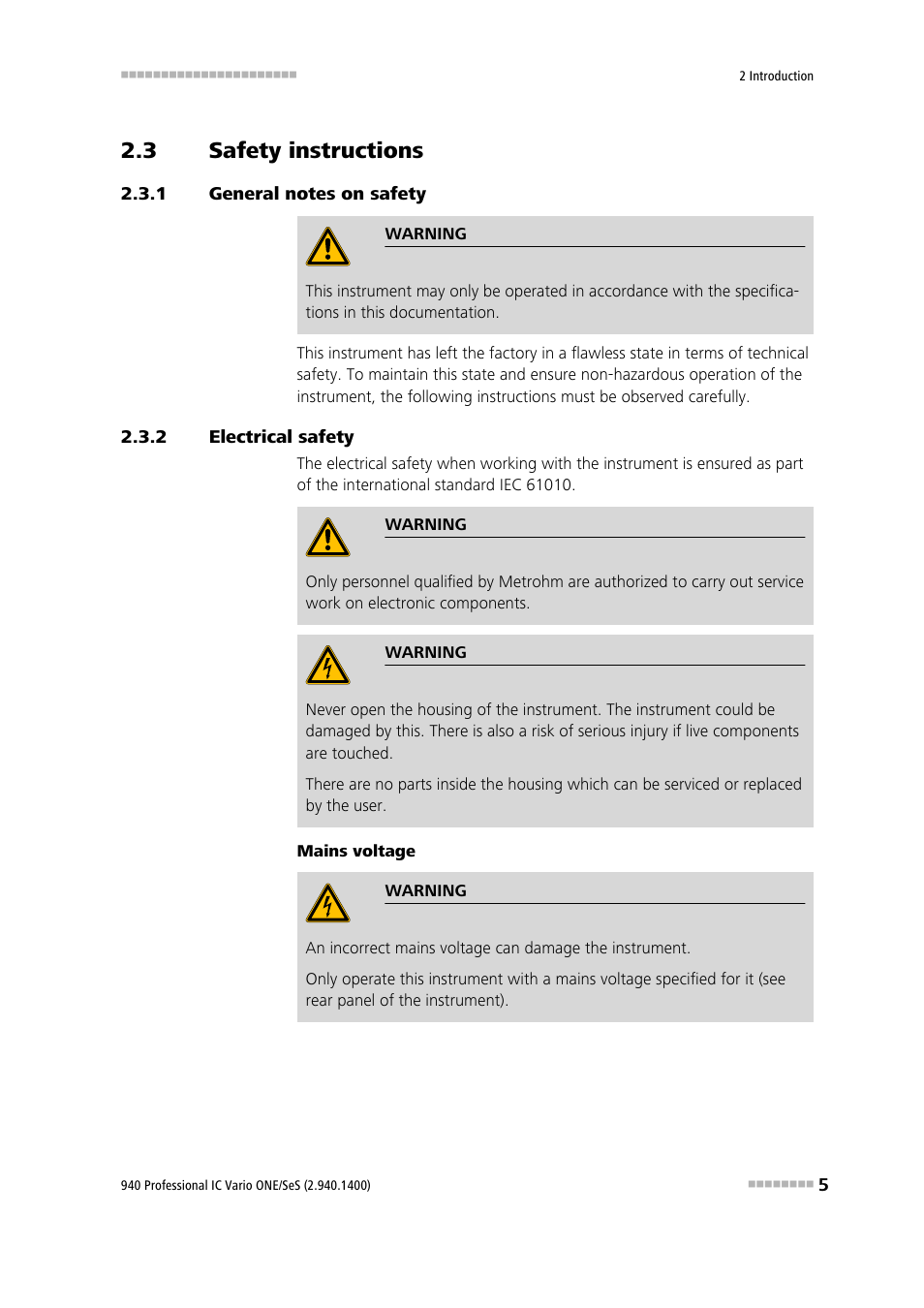 3 safety instructions, 1 general notes on safety, 2 electrical safety | Safety instructions, General notes on safety, Electrical safety | Metrohm 940 Professional IC Vario ONE/SeS User Manual | Page 13 / 50